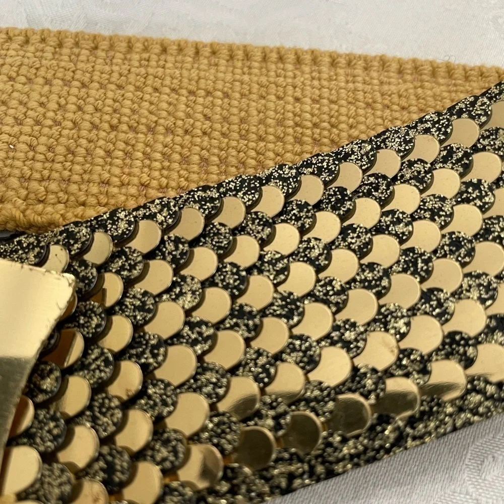 Vintage 1980’s Elastic Gold tone Metal fish scale women Belt . 27” flat